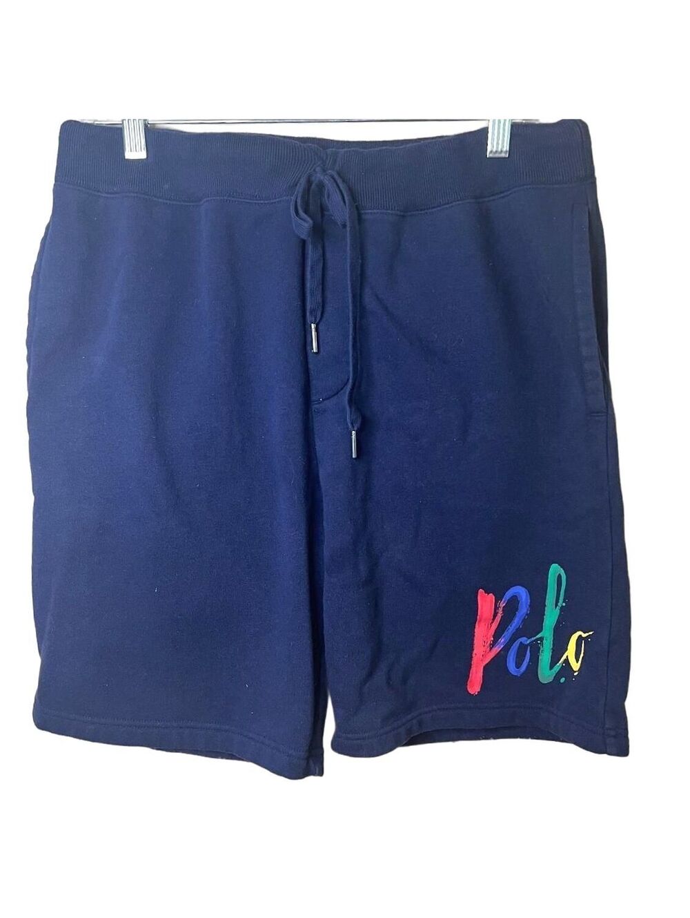 Polo Ralph Lauren Mens Navy Multicolor Paint Logo Fleece Sweat Shorts Large